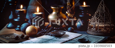 Vintage still life with old book, magic lamp and burning candles. Generative AI 103988503