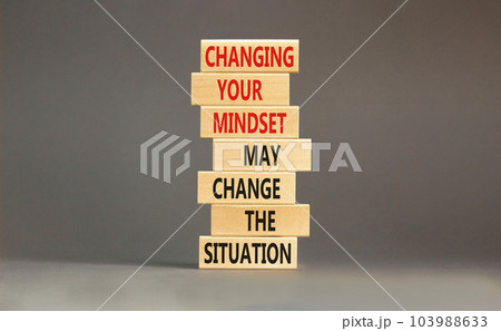Changing mindset symbol. Concept words Changing your mindset may change the situation on wooden blocks on a beautiful grey table grey background. Business motivational Changing mindset concept. 103988633