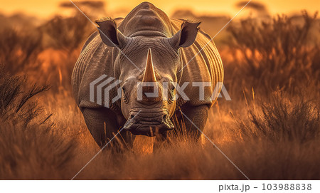 rhinoceroses in the african savannah, endangered animal species, banner made with Generative AI 103988838