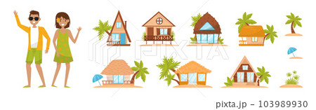 Hawaiian Rest with Happy Man and Woman and Tropical Hut or Bungalow with Palm Tree Vector Illustration Set 103989930