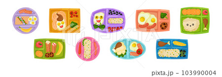 Meal Tray for Kids with Fresh Appetizing Food in Different Section Above View Vector Set 103990004