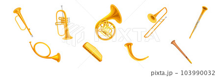 Brass Musical Instruments with French Horn, Trumpet and Clarinet Vector Set 103990032