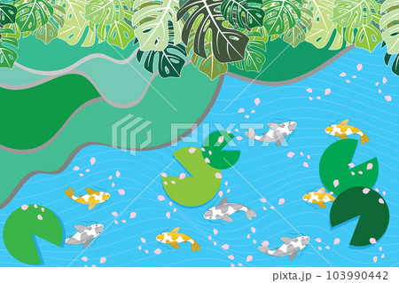 Illustration abstract pink petals floating on the pond with fish and leaves. 103990442