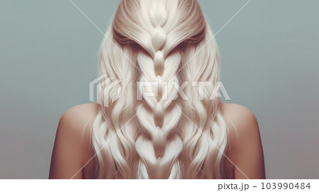 Young woman with  long braided blonde hair, rear view.  Hairdresser salon concept. Braided blonde  hairstyle. Model  with long creative braided hairstyle.  AI generated 103990484