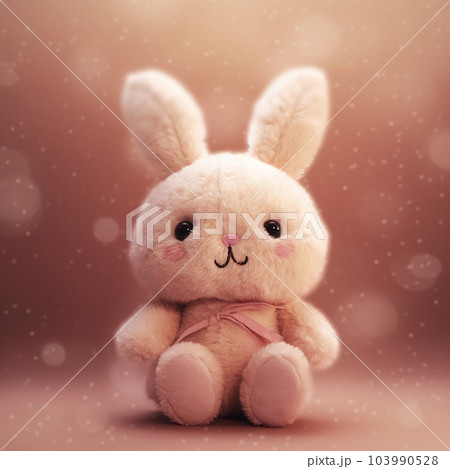 Cute plush bunny on pink background with snowflakes and bokeh. Handcrafted cute toy. Teddy bear on pink background with stars. Children's toys. AI generated Cute plush bunny on pink background with snowflakes and bokeh. Handcrafted cute toy. Teddy bear on pink background with stars. Children's toys. AI generated 103990528