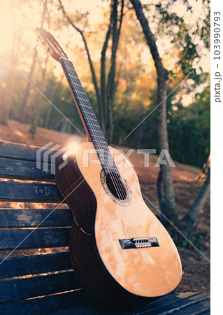 Beautiful classical guitar on a bench in the park with lens flare. Photo of a new wooden guitar with nylon strings outdoors in the summer during sunset. No people. Beautiful string instrument. 103990793