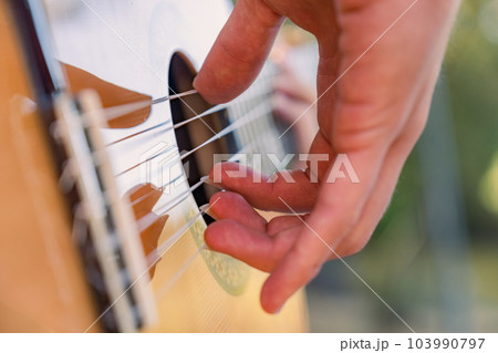 Close-up of the musician's playing hands. The guitarist plays the guitar. Professional guitarist plays guitar outdoors. Musician plays a classical guitar in the park. 103990797
