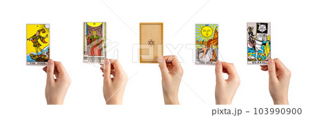 Lodz Poland June 11 2023 Tarot cards in hands set, major arcanas of Fool, Emperor, Sun, Death isolated on white background 103990900