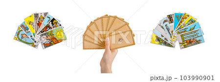Lodz Poland June 11 2023 Tarot cards in hand back view, minor and major arcanas set isolated on white background Lodz Poland June 11 2023 Tarot cards in hand back view, minor and major arcanas set isolated on white background 103990901