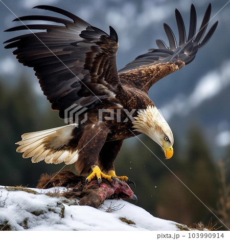 Eagle on a snow-covered ground tears with its claws and eats its prey, a large bird of prey, close-up Eagle on a snow-covered ground tears with its claws and eats its prey, a large bird of prey, close-up 103990914