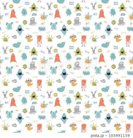 Cute monsters seamless pattern. Cartoon monsters background. Vector illustration Cute monsters seamless pattern. Cartoon monsters background. Vector illustration 103991139