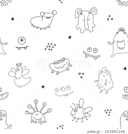 Cute monsters seamless pattern. Cartoon monsters background. Vector illustration Cute monsters seamless pattern. Cartoon monsters background. Vector illustration 103991148