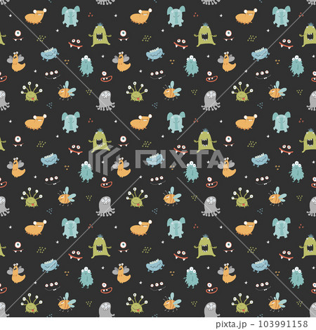 Cute monsters seamless pattern. Cartoon monsters background. Vector illustration 103991158