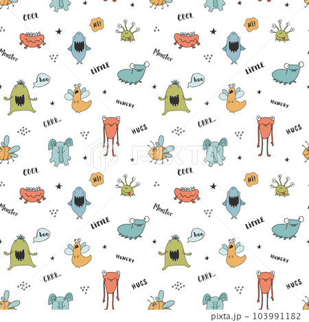 Cute monsters seamless pattern. Cartoon monsters background. Vector illustration 103991182