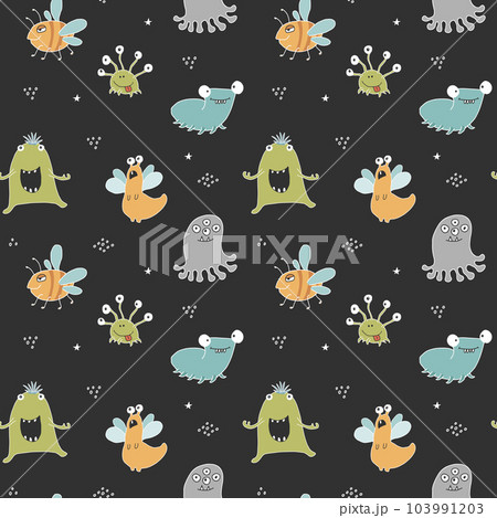 Cute monsters seamless pattern. Cartoon monsters background. Vector illustration Cute monsters seamless pattern. Cartoon monsters background. Vector illustration 103991203