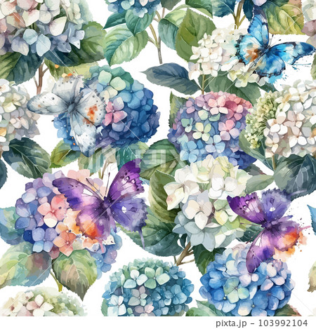 Seamless pattern of watercolor hydrangeas with butterflies. Vector illustration 103992104