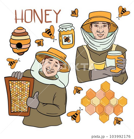 Honey set. Honeycombs, bee, honey in glass jar, wooden honey dipper, honey in metal spoon and flowers isolated on white background. Vector illustration of organic natural sweets in cartoon flat style Honey set. Honeycombs, bee, honey in glass jar, wooden honey dipper, honey in metal spoon and flowers isolated on white background. Vector illustration of organic natural sweets in cartoon flat style 103992176