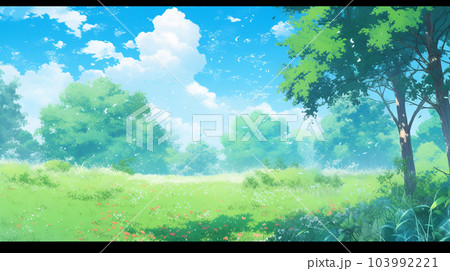 緑と青空が綺麗な草原の風景のイラスト素材 [103992221] - PIXTA