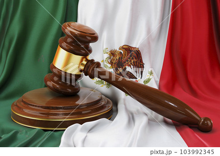 Mexican law and justice concept. Wooden gavel on flag of Mexico, 3D rendering 103992345
