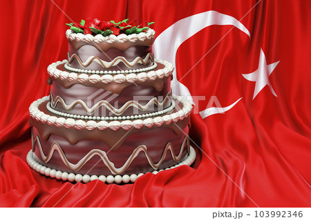 Chocolate cake on the Turkish flag background, 3D rendering 103992346