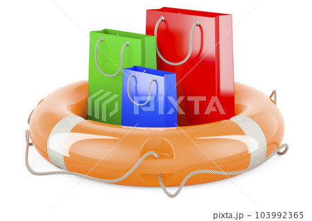 Shopping bags with lifebuoy, 3D rendering Shopping bags with lifebuoy, 3D rendering 103992365