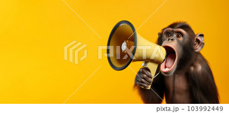 Monkey with a megaphone on a yellow background. The concept of advertising, ads. Generative AI 103992449