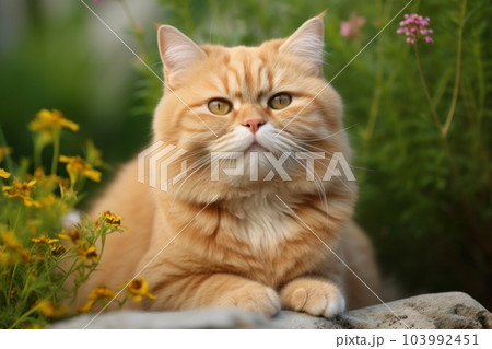 Portrait of a cute cat looking away. Highland fold cat breed. Generative AI 103992451