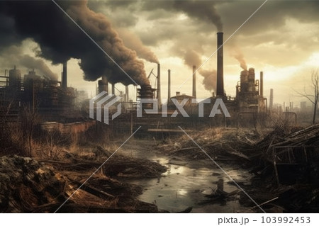 The plant emits smoke and smog from the pipes. Generative AI 103992453