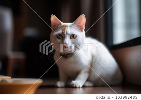 Portrait of a cute cat looking away. Japanese Bobtail cat breed. Generative AI 103992485