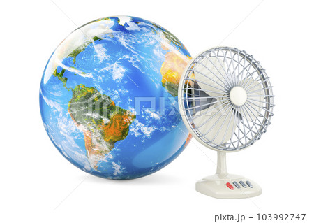 Table fan with Earth Globe. 3D rendering 103992747