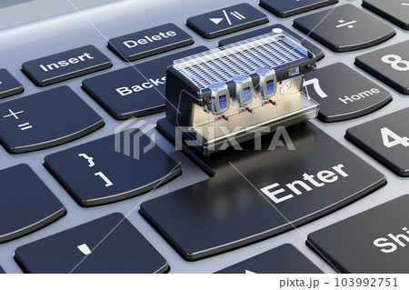 Espresso coffee machine professional on laptop keyboard. 3D rendering Espresso coffee machine professional on laptop keyboard. 3D rendering 103992751