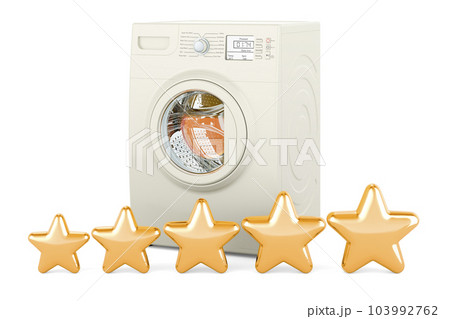 Washing machine with five golden stars. 3D rendering Washing machine with five golden stars. 3D rendering 103992762