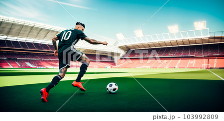 Football player with tattoos kicks the ball or dribbling with feints on the field or green grass lawn on the background of the stadium stands. Empty space for advertising text. Generative AI. 103992809