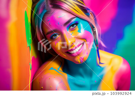 Naked smiling woman in creative bright colorful body art with decorative makeup made of colored paint with hair. Background painted abstractly with colored paint. Generative AI. 103992924