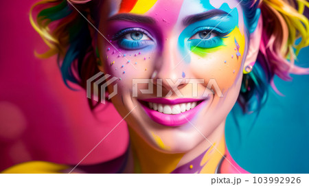 Naked smiling woman in creative bright colorful body art with decorative makeup made of colored paint with hair. Background painted abstractly with colored paint. Generative AI. 103992926