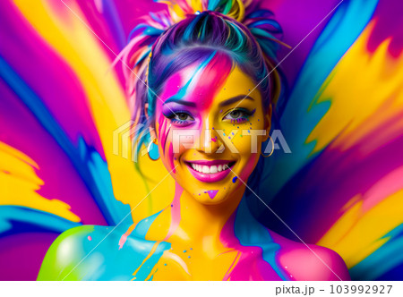 Naked smiling woman in creative bright colorful body art with decorative makeup made of colored paint with hair. Background painted abstractly with colored paint. Generative AI. 103992927