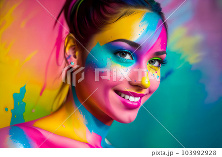 Naked Smiling Woman In Creative Bright Colorful Pixta