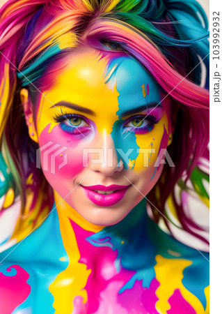 Naked smiling woman in creative bright colorful body art with decorative makeup made of colored paint with hair. Background painted abstractly with colored paint. Generative AI. 103992932