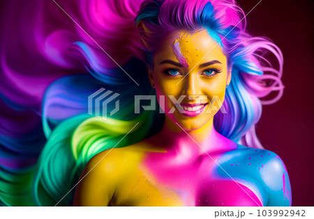 Naked smiling woman in creative bright colorful body art with decorative make-up with splashes of colored powder at Holi festival in India. Black background. Generative AI. 103992942