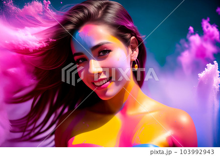 Naked smiling woman in creative bright colorful body art with decorative make-up with splashes of colored powder at Holi festival in India. Abstract painted background. Generative AI. 103992943