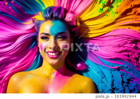 Naked smiling woman in creative bright colorful body art with decorative make-up with splashes of colored powder at Holi festival in India. Abstract painted background. Generative AI. 103992944