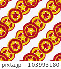 Decorative composition of multicolored knitted circles. Handmade patterns. Seamless pattern on white background Decorative composition of multicolored knitted circles. Handmade patterns. Seamless pattern on white background 103993180