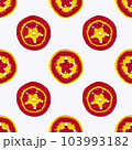 Decorative composition of multicolored knitted circles. Handmade patterns. Seamless pattern on white background Decorative composition of multicolored knitted circles. Handmade patterns. Seamless pattern on white background 103993182