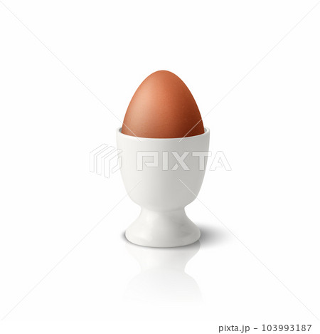 Vector 3d Realistic Brown Chicken Egg in a White Ceramic, Porcelain Boiled Egg Cup Holder, Stand for Breakfast. Chicken Egg Icon, Isolated, Front View Vector 3d Realistic Brown Chicken Egg in a White Ceramic, Porcelain Boiled Egg Cup Holder, Stand for Breakfast. Chicken Egg Icon, Isolated, Front View 103993187