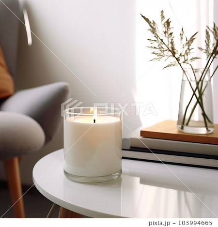 Clear glass candle jar mockup, burning container candle template in bright light room interior with home decor, styled mockup Clear glass candle jar mockup, burning container candle template in bright light room interior with home decor, styled mockup 103994665