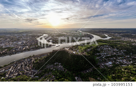 Wide Aerial Drone Shot of Ehrenbreitstein Fortress on the river rhine in Koblenz in evening, Rheinland-Pfalz, Germany 103995153