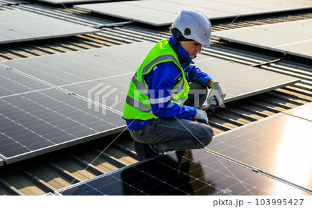 Professional engineer technician with safety helmet checking system 103995427
