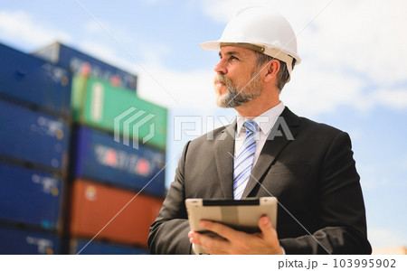 Smart businessman checking and working at overseas shipping container yard 103995902