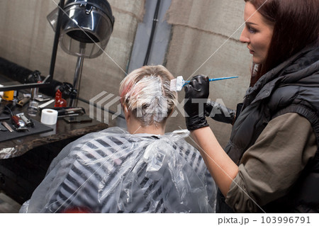 A girl is a professional hairdresser, a beautiful brown-haired woman dyes her hair with a brush to a client in a barbershop or hairdresser 103996791