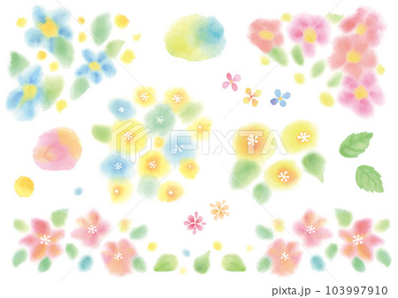 水彩絵の具のふわっとした手描きのいろいろな花のセット 103997910